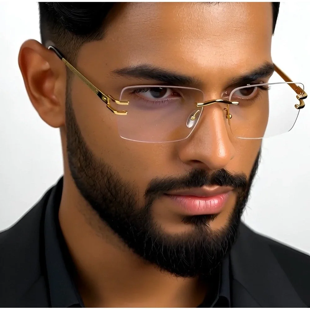 Rimless‎ Rectangle Gold Frame Clear Lens Fashion Sunglasses Hip Hop Eyeglasses